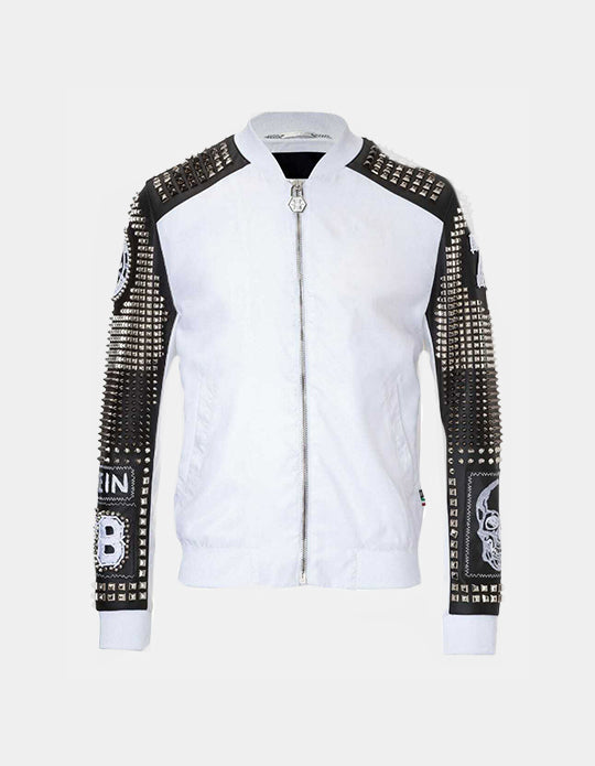Men's Multi Color Full Studded Embroidery Patches Leather Jacket, Biker-Jacke mit Nieten